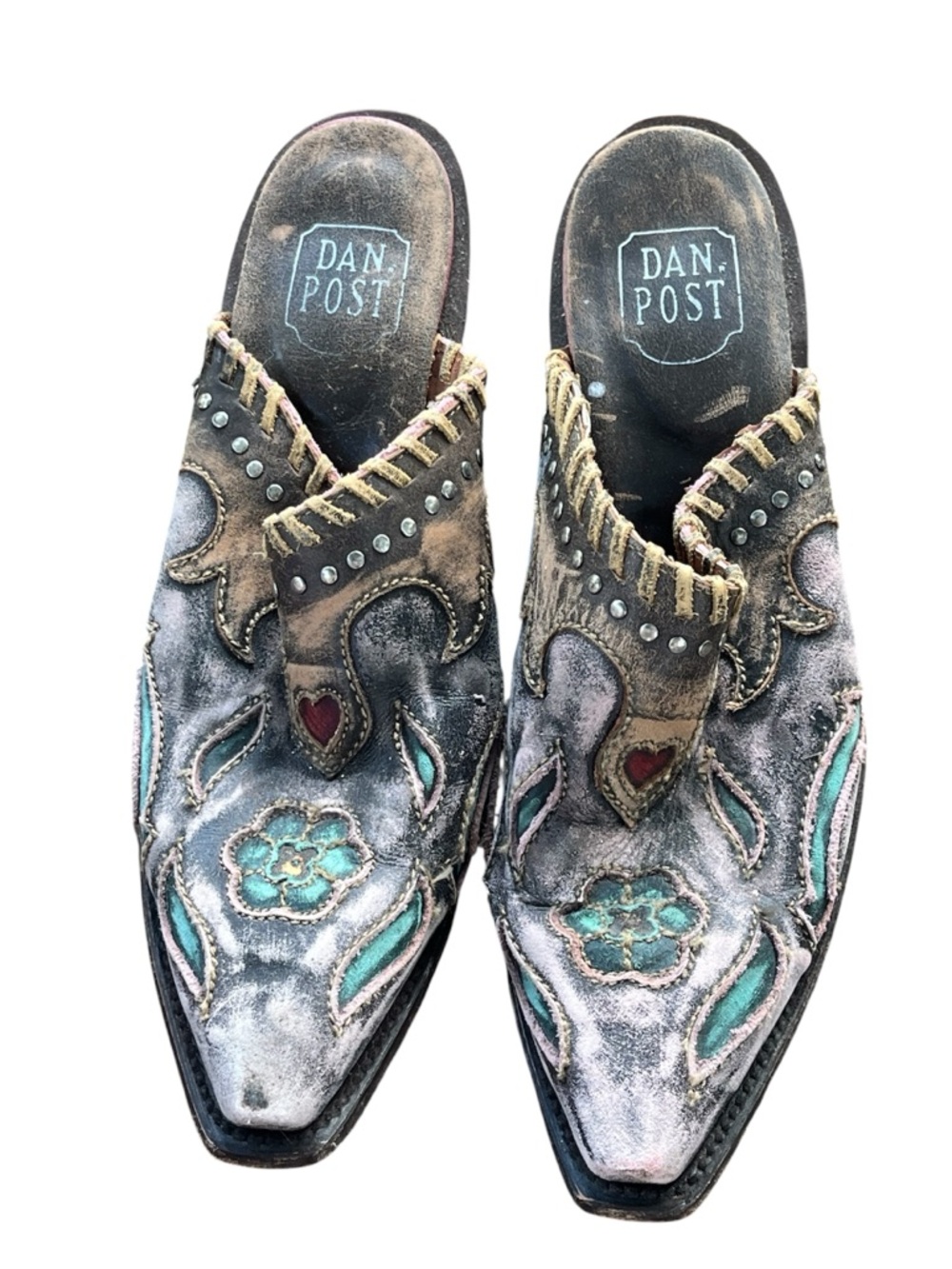 Dan Post Distressed Leather Western Slip-On Mules in Turquoise & Brown
